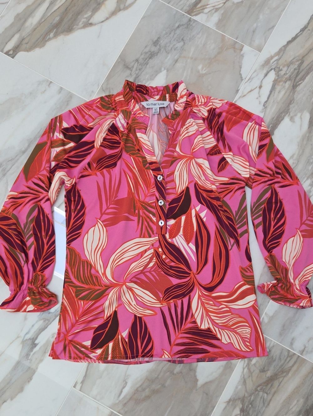 La Mer Luxe Pink Tropical Print Button-Front Blouse